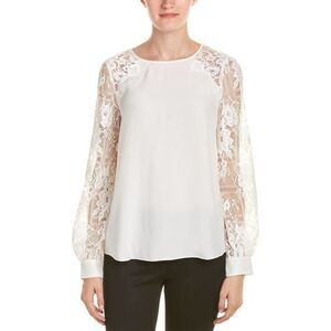 Kay Unger New York Silk Blouse Floral Lace Sheer Sleeves Ivory Size 4 Top Shirt